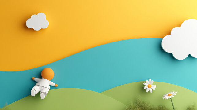 childlike figure enjoying colorful spring landscape with clouds, flowers, and rolling hills