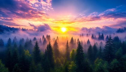 Obraz premium Mountain Sunrise, Misty Forest