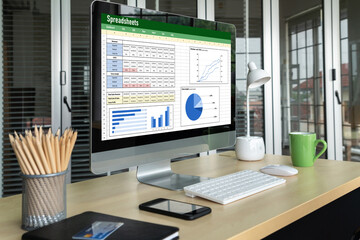 Spreadsheet document information financial startup concept. data and graphs in spreadsheet documents for online analysis project dashboard accounting digital snugly
