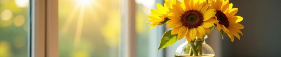 Towering sunflowers in a simple glass vase, sunlight streams through petals , minimalist, arrangement