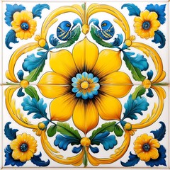 Intricate Mexican Floral Design with Yellow Flowers and Blue Birds Patterns. AI Generated