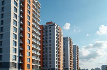 Naklejka premium Modern residential complex with high-rise apartment buildings. Residential area with balconies windows. Urban architecture, real estate development. Construction industry, urban design. Blue sky with