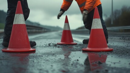 Road worker placing cones on a newly paved highway. Featuring care and attention