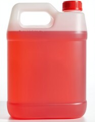Car window washer fluid in blank canister. Red liquid for cleaning vehicle glass. Windscreen care and auto cleaner in plastic container. Automotive maintenance and car washing.