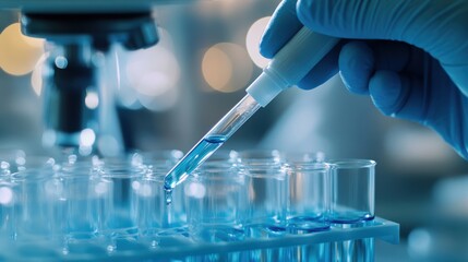 Scientist pipetting liquid into a test tube in a lab. Featuring precision and innovation