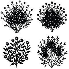 Black tree silhouettes and vector floral elements create a seamless nature pattern