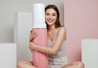 Smiling Woman Hugging a Large Pink Container on Geometric Background - obrazy, fototapety, plakaty