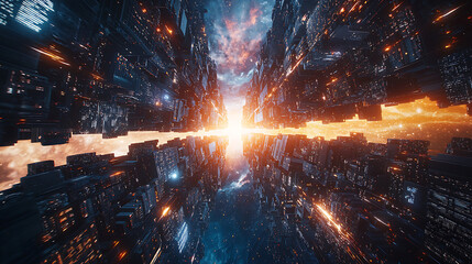 Towering cityscape frames a vibrant cosmic vista showcasing a burst of celestial light through a futuristic architectural chasm.