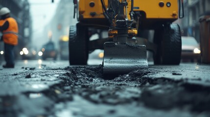 Road worker repairing a pothole with a machine on a busy street. Featuring precision and focus