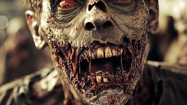 Terrifying decaying zombie with bloodshot eyes and rotting teeth in a post-apocalyptic environment.