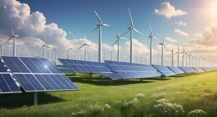 Sustainable Energy Sources Wind Turbines and Solar Panels – Vector Illustration