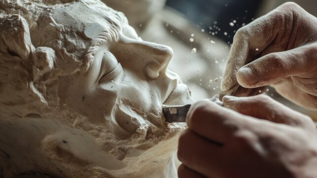 Sculptor chiseling fine details into a marble statue with focused precision. Featuring artistry and patience
