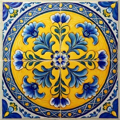 Vibrant Traditional Mexican Ceramic Tile with Yellow and Blue Floral Patterns. AI Generated