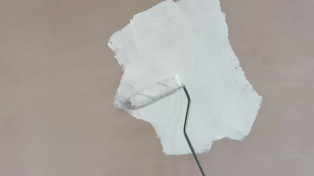 Coat of priming paint being applied to bare plaster using a paint roller. No people. DIY concept.