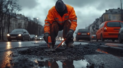 Road worker repairing potholes on a busy street. Featuring skill and efficiency