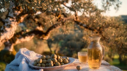 Freshly harvested olives and olive oil under an olive tree at sunset