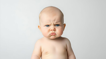 Frontal Studio Portrait Of Infant With Frowning Expression and Angry Look on White Background