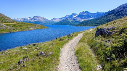 Serene Landscape with Pathway Along Crystal Clear Lake and Mountains