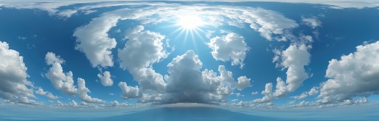 Seamless 360 panoramic view of blue sky with white fluffy clouds. Sky dome for use in 3d graphics, game development, drone shot sky replacement. Day with sunny weather background, horizon, space with