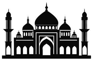 A silhouette of a mosque with minarets and domes on a white background