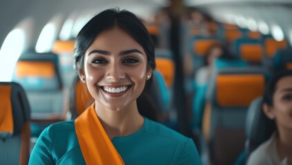 Smiling Flight Attendant on Airplane