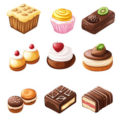 Assorted delicious bakery sweets and chocolate treats a delightful collection of cakes cupcakes and chocolate bars