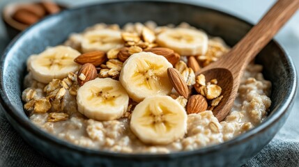 Hearty oatmeal topped with sliced bananas, almonds, and granola