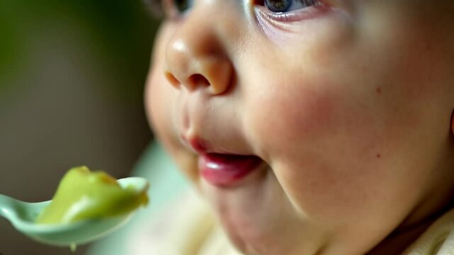 A close-up of a baby being fed green broccoli puree.