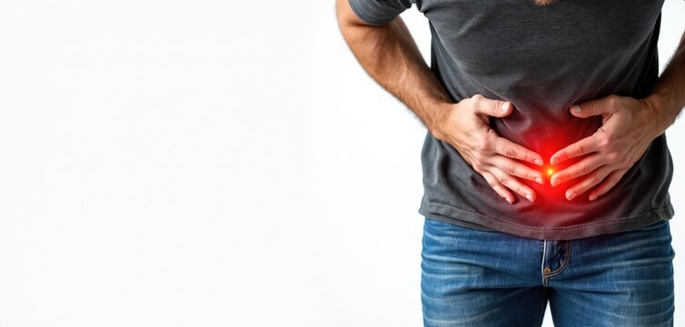 Man holds his groin due to pain. Red spot highlights discomfort. Pain in lower abdomen or groin area. Health problem, symptom of illness. Medical, healthcare concept. Disease diagnosis, treatment.