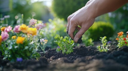 Fototapeta premium Landscaper planting flowers in garden bed. Featuring care and precision