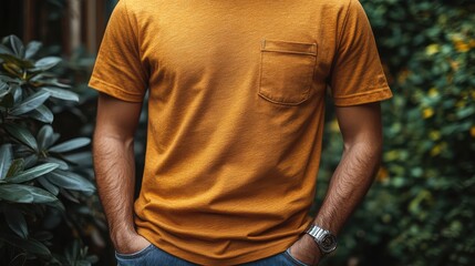 Fototapeta premium A plain brown T-shirt with a pocket on the chest displayed in a front view on a clear white background