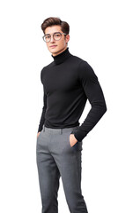 Stylish Young Man in Turtleneck Sweater and Glasses Posing Confidently