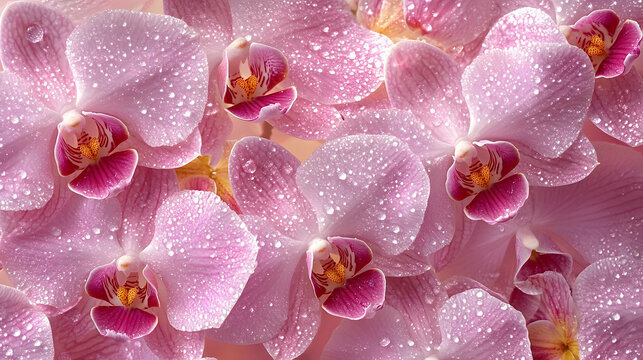 Delicate pink orchids adorned with water droplets.