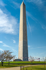 Close-Up of the Washington Monument Against a Bright Blue Sky