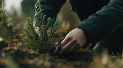 Fototapeta premium Landscaper planting new trees in garden. Featuring attention to detail and care