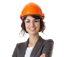 Confident Professional Woman in an Orange Safety Helmet Smiling