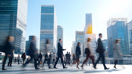 Obraz premium Diverse Crowd Of Business People In Suits Commute On A Busy City Street With Modern Skyscrapers And Motion Blur During Daylight