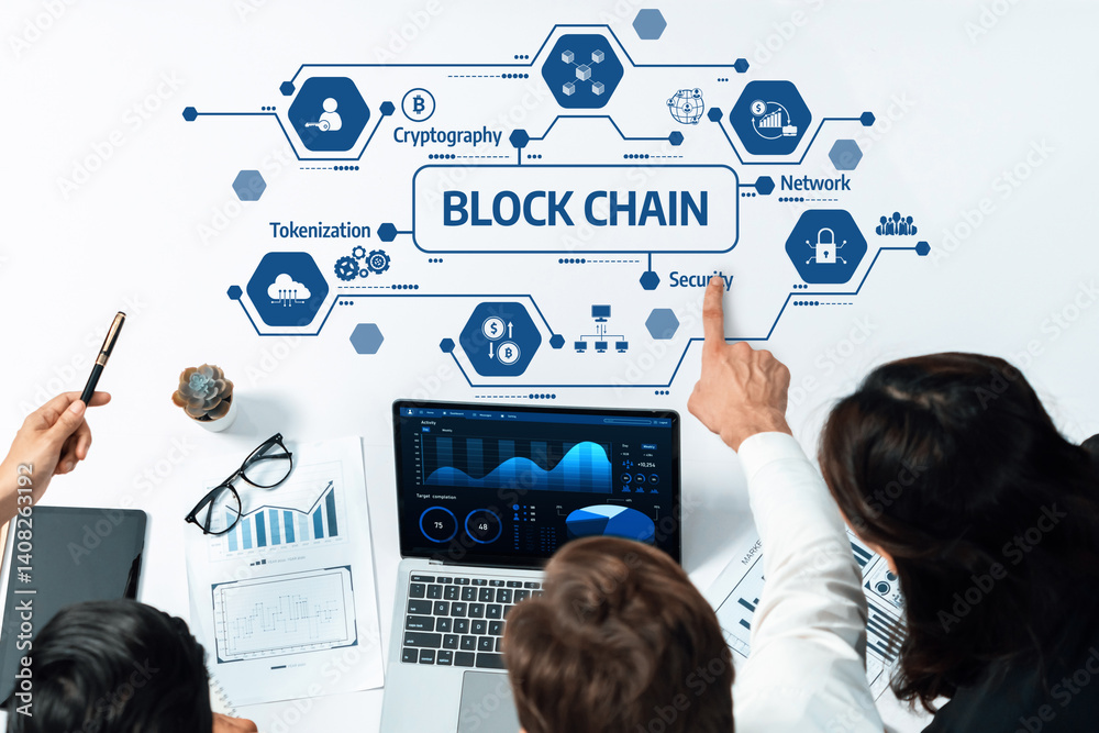 Poster professionals engage in a discussion about blockchain technology focusing on security, cryptography,