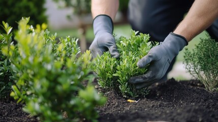 Fototapeta premium Landscaper planting shrubs in front yard. Featuring care and attention to detail