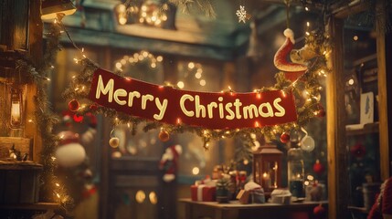 A cozy scene displaying a merry Christmas decoration with lights