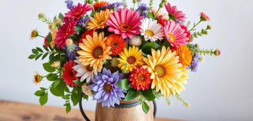 Vibrant mixed flower bouquet in a rustic vase, showcasing diverse blooms and foliage, tulips, blooms