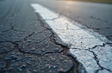 Close-up asphalt texture with white road marking. Grey pavement surface with cracks. Road marking, transportation, urban background. Construction industry backdrop. Pathway, highway, street detail.