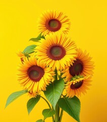 Obraz premium Vibrant sunflowers clustered on a sunny yellow backdrop, harvest, yellow background, daisy