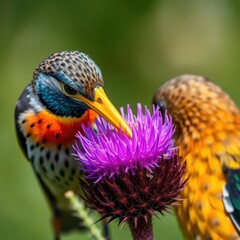A bittern's long beak probes a vibrant purple thistle, pollen dusting its feathers, garden, close up