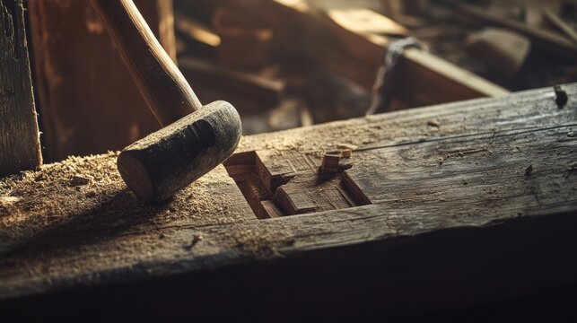 Timber framer securing wooden joints with a mallet and chisel. Featuring strength and detail