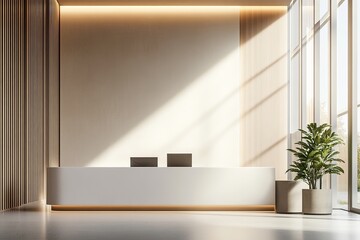 Reception area with white desk, wooden wall, plant and sunlight streaming through the window panes