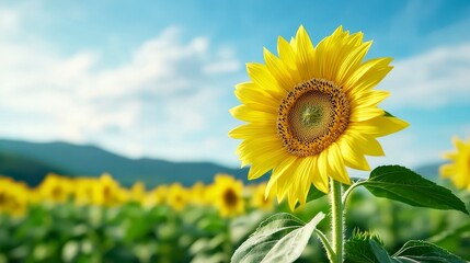 Bright Sunflower Blooms in a Lush Green Field Under Blue Sky