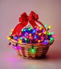 A woven basket overflowing with colorful Christmas lights, topped with a festive red bow, present, winter decor