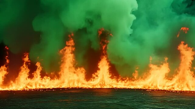 Inferno illusion: A fiery animation with vibrant flames against a misty green backdrop