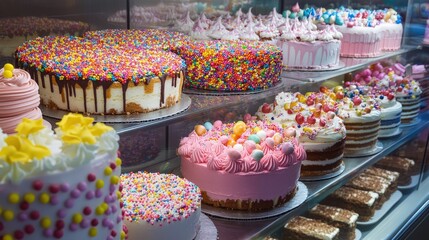 Various colorful cakes displayed inside a brightly lit bakery shop
